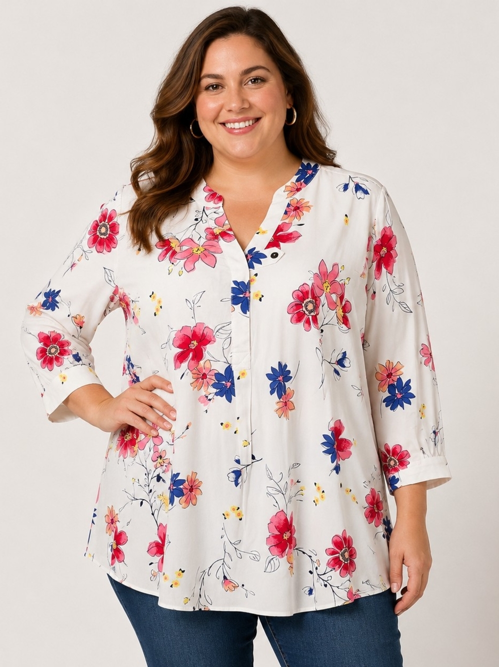 Woman Within White Floral Split-Neck Blouse with Pink & Blue Flowers